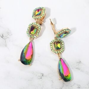 Vitrail Dangle Square Halo Crystal Clip On Earrings Triple Tear Drop ClipOns